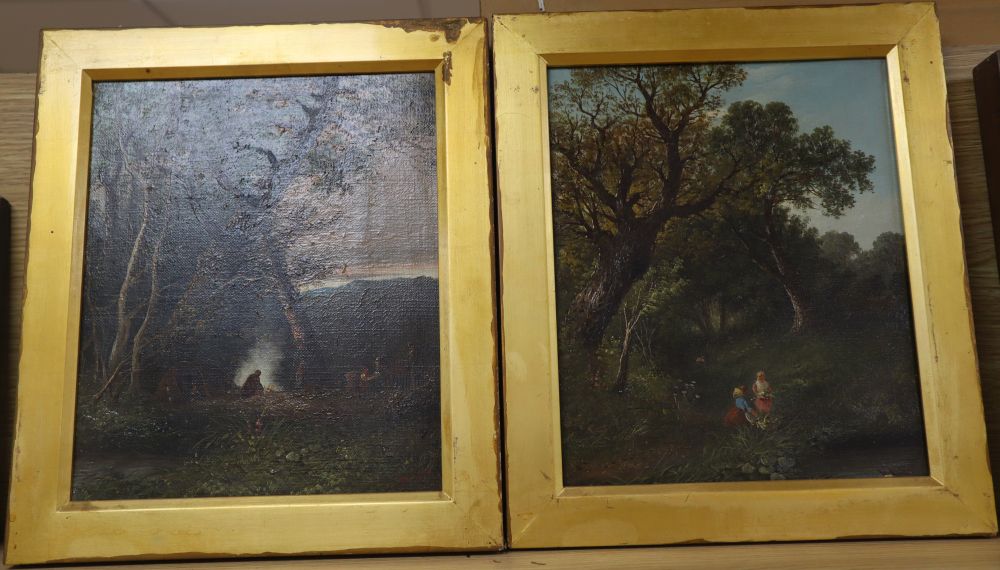 W. Yates c.1880, pair of oils on canvas, Figures in woodland, signed, 29 x 24cm